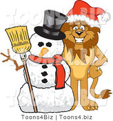 Vector Illustration of a Cartoon Lion Mascot with a Snowman by Mascot Junction