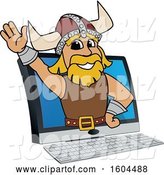 Vector Illustration of a Cartoon Male Viking School Mascot Emerging from a Computer Screen by Mascot Junction