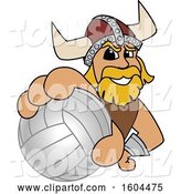 Vector Illustration of a Cartoon Male Viking School Mascot Grabbing a Volleyball by Mascot Junction