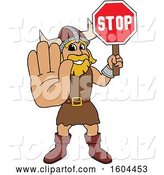 Vector Illustration of a Cartoon Male Viking School Mascot Holding a Stop Sign by Mascot Junction