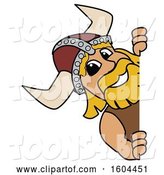 Vector Illustration of a Cartoon Male Viking School Mascot Looking Around a Sign by Mascot Junction