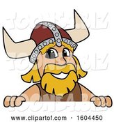 Vector Illustration of a Cartoon Male Viking School Mascot over a Sign by Mascot Junction