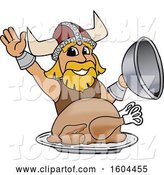 Vector Illustration of a Cartoon Male Viking School Mascot Serving a Thanksgiving Turkey by Mascot Junction