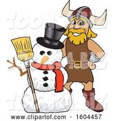 Vector Illustration of a Cartoon Male Viking School Mascot with a Christmas Snowman by Mascot Junction