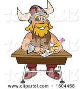 Vector Illustration of a Cartoon Male Viking School Mascot Writing at a Desk by Mascot Junction