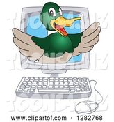 Vector Illustration of a Cartoon Mallard Duck School Mascot Emerging from a Desktop Computer Screen by Mascot Junction