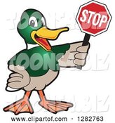 Vector Illustration of a Cartoon Mallard Duck School Mascot Holding a Stop Sign by Mascot Junction