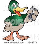 Vector Illustration of a Cartoon Mallard Duck School Mascot Holding up a Cell Phone by Mascot Junction