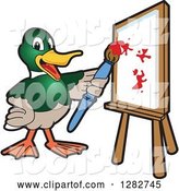 Vector Illustration of a Cartoon Mallard Duck School Mascot Painting Art on a Canvas by Mascot Junction