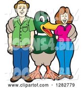 Vector Illustration of a Cartoon Mallard Duck School Mascot Posing with Parents by Mascot Junction