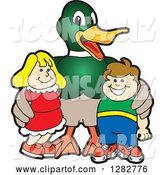 Vector Illustration of a Cartoon Mallard Duck School Mascot Posing with Students by Mascot Junction