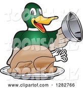 Vector Illustration of a Cartoon Mallard Duck School Mascot Serving a Roasted Thanksgiving Turkey by Mascot Junction