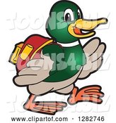 Vector Illustration of a Cartoon Mallard Duck School Mascot Student Walking by Mascot Junction