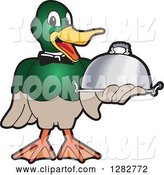 Vector Illustration of a Cartoon Mallard Duck School Mascot Waiter Holding a Cloche Platter by Mascot Junction