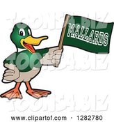 Vector Illustration of a Cartoon Mallard Duck School Sports Mascot Holding up a Flag by Mascot Junction