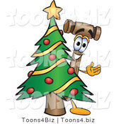 Vector Illustration of a Cartoon Mallet Mascot Waving and Standing by a Decorated Christmas Tree by Mascot Junction