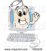 Vector Illustration of a Cartoon Navy Bean Mascot Waving from a Desktop Computer by Mascot Junction