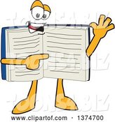 Vector Illustration of a Cartoon Open Blue Book Mascot Waving and Pointing at Text on a Page by Toons4Biz