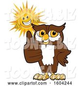 Vector Illustration of a Cartoon Owl School Mascot and Happy Sun Giving Thumbs up by Mascot Junction