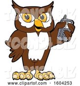 Vector Illustration of a Cartoon Owl School Mascot Holding a Cell Phone by Mascot Junction