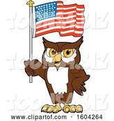 Vector Illustration of a Cartoon Owl School Mascot Holding an American Flag by Mascot Junction