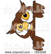 Vector Illustration of a Cartoon Owl School Mascot Looking Around a Sign by Mascot Junction