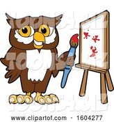 Vector Illustration of a Cartoon Owl School Mascot Painting a Canvas by Mascot Junction