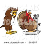 Vector Illustration of a Cartoon Owl School Mascot Watching a Turkey Bird Weigh Itself by Mascot Junction