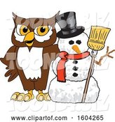 Vector Illustration of a Cartoon Owl School Mascot with a Christmas Snowman by Mascot Junction