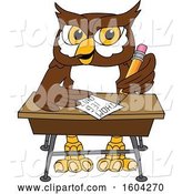Vector Illustration of a Cartoon Owl School Mascot Writing at a Desk by Mascot Junction