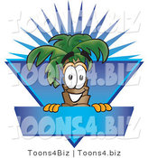 Vector Illustration of a Cartoon Palm Tree Mascot over a Blank Blue Business Label with a Burst by Mascot Junction