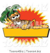 Vector Illustration of a Cartoon Palm Tree Mascot over a Blank Yellow Business Label with an Orange Burst by Mascot Junction