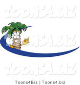 Vector Illustration of a Cartoon Palm Tree Mascot Waving and Standing Behind a Blue Dash on an Employee Nametag or Business Logo by Mascot Junction