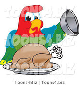 Vector Illustration of a Cartoon Parrot Mascot Serving a Turkey by Mascot Junction
