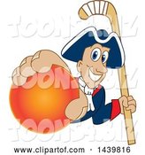 Vector Illustration of a Cartoon Patriot Mascot Grabbing a Field Hockey Ball and Holding a Stick by Mascot Junction