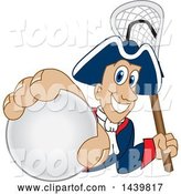Vector Illustration of a Cartoon Patriot Mascot Grabbing a Lacrosse Ball and Holding a Stick by Mascot Junction