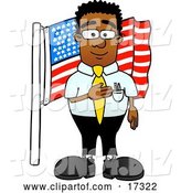 Vector Illustration of a Cartoon Patriotic Black Business Man Mascot Pledging Allegiance to an American Flag by Mascot Junction