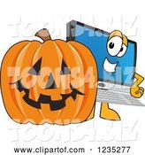 Vector Illustration of a Cartoon PC Computer Mascot and a Halloween Pumpkin by Mascot Junction