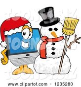 Vector Illustration of a Cartoon PC Computer Mascot by a Christmas Snowman by Mascot Junction
