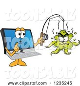 Vector Illustration of a Cartoon PC Computer Mascot Catching a Virus by Mascot Junction