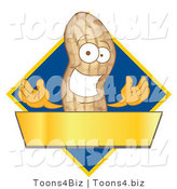 Vector Illustration of a Cartoon Peanut Mascot Logo with a Blue Diamond and Gold Banner by Mascot Junction