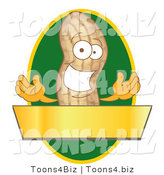 Vector Illustration of a Cartoon Peanut Mascot Logo with a Green Oval and Gold Banner by Mascot Junction