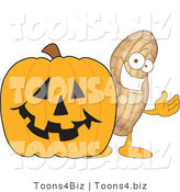 Vector Illustration of a Cartoon Peanut Mascot with a Halloween Pumpkin by Mascot Junction