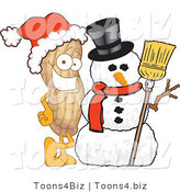 Vector Illustration of a Cartoon Peanut Mascot with a Snowman by Mascot Junction