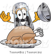 Vector Illustration of a Cartoon Pepper Shaker Mascot Serving a Thanksgiving Turkey on a Platter by Mascot Junction