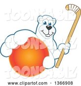 Vector Illustration of a Cartoon Polar Bear School Mascot Grabbing a Ball and Holding a Hockey Stick by Mascot Junction