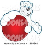 Vector Illustration of a Cartoon Polar Bear School Mascot Grabbing a Dodgeball by Mascot Junction