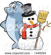 Vector Illustration of a Cartoon Porpoise Dolphin School Mascot with a Snowman by Mascot Junction