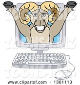 Vector Illustration of a Cartoon Ram Mascot Emerging from a Desktop Computer Screen by Mascot Junction