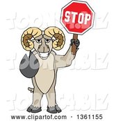 Vector Illustration of a Cartoon Ram Mascot Gesturing and Holding a Stop Sign by Mascot Junction
